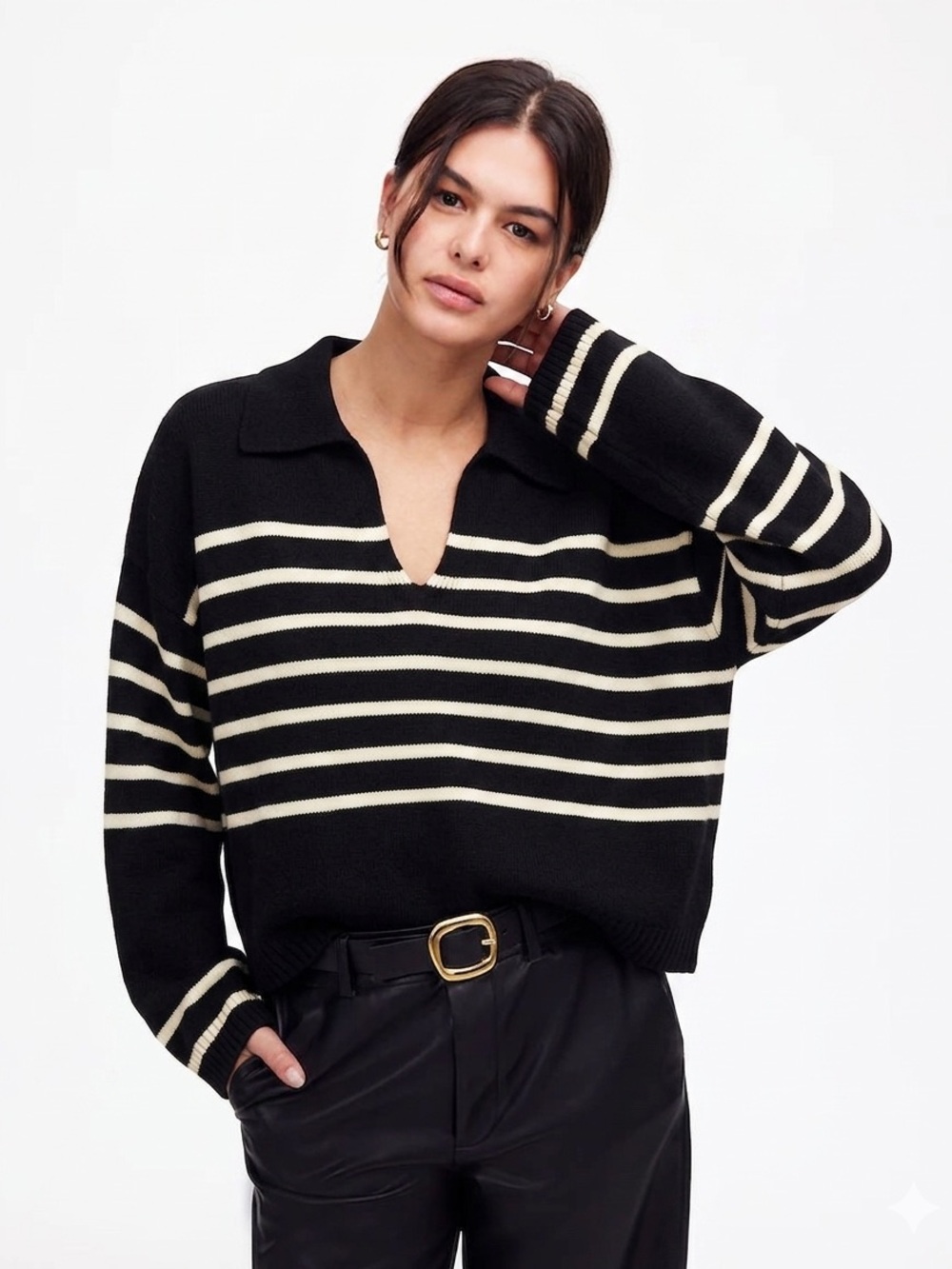 MADEWELL Cashmere-Wool Blend Polo Asphalt Stripe Black Cream Medium